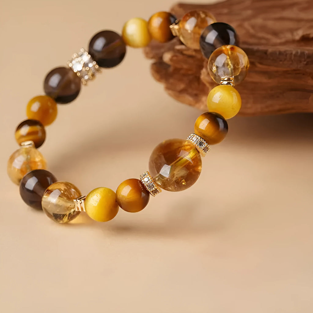 Crystal tiger-eye bracelet with jinba yellow tower design in geometric shape