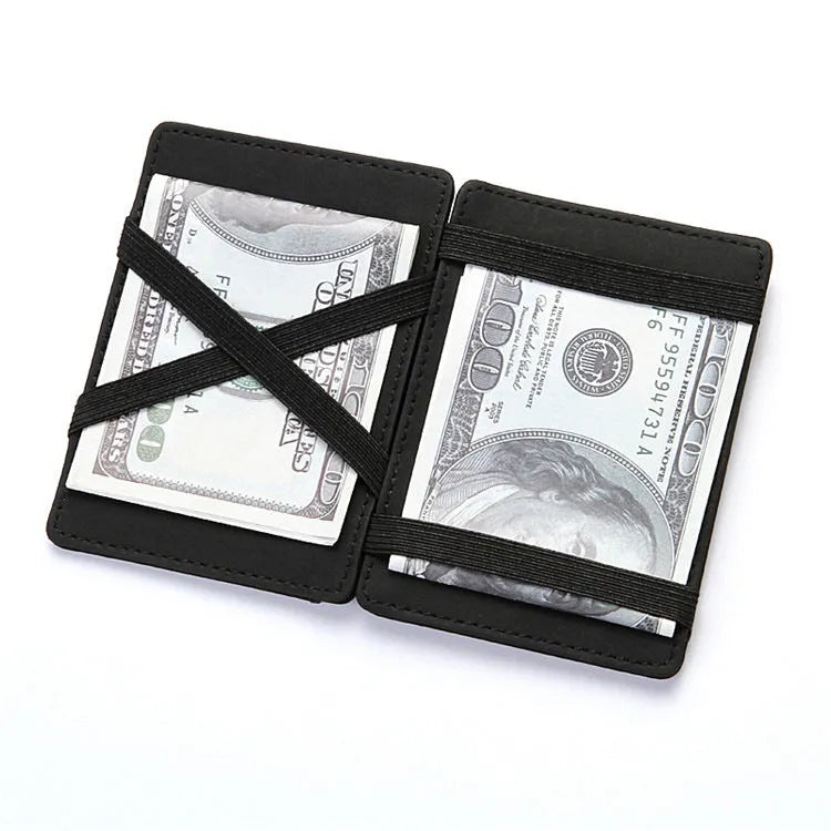 PU leather magic wallet showing flip card holder and zippered coin purse in solid colour options