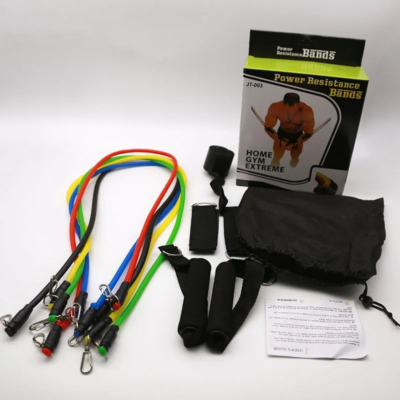 Black ABS door pull-up bar kit with adjustable rope and multiple hooks laid out for home gym setup.
