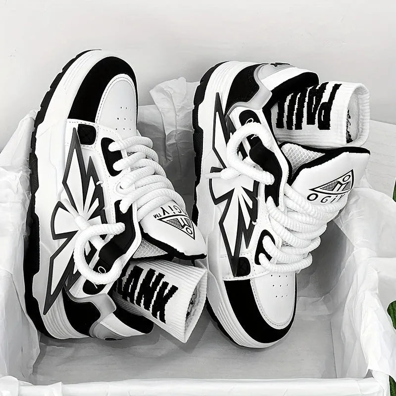 Men's white Harajuku chunky sneakers with thick rubber sole and synthetic leather upper.