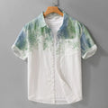 Man wearing a loose-fit grey hanging-dyed pure cotton short sleeve casual shirt.