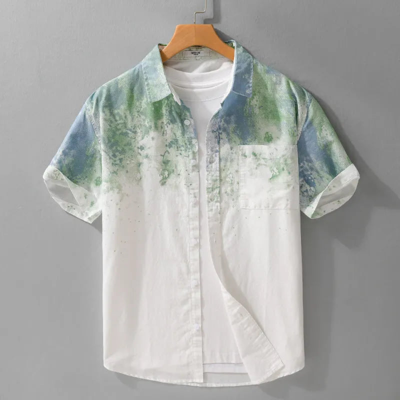 Man wearing a loose-fit grey hanging-dyed pure cotton short sleeve casual shirt.