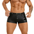 Black men's PU leather shorts with U-pouch design on a size chart showing M to 3XL