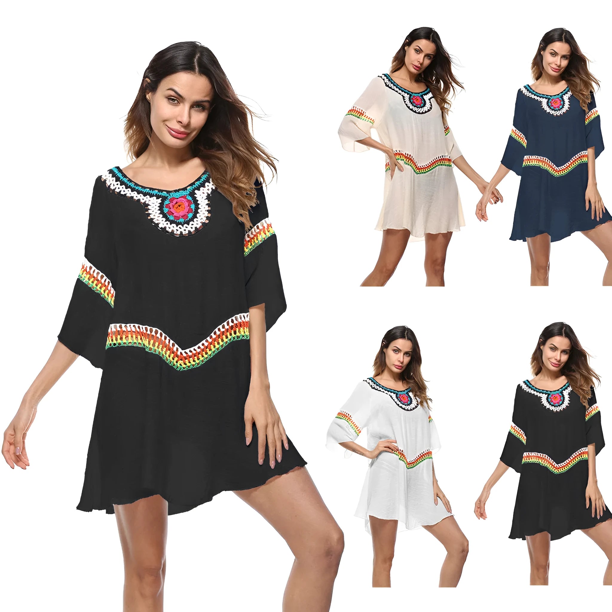 Women's crocheted ethnic style sun protection beach cover-up in acrylic fabric