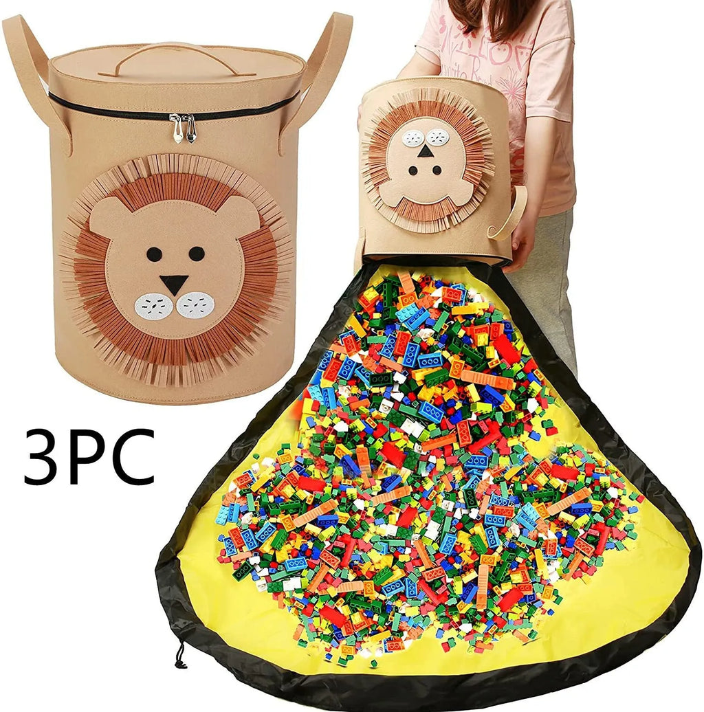 Green felt storage bag shown as both a flat play mat and gathered cube with pull rope closure