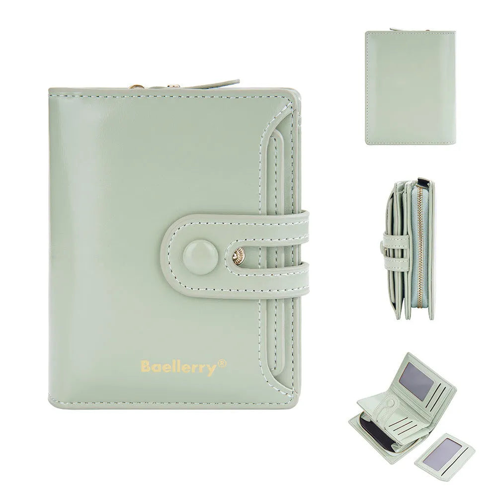 Women's PU leather card holder wallet in multiple colours showing compact design and card slots.