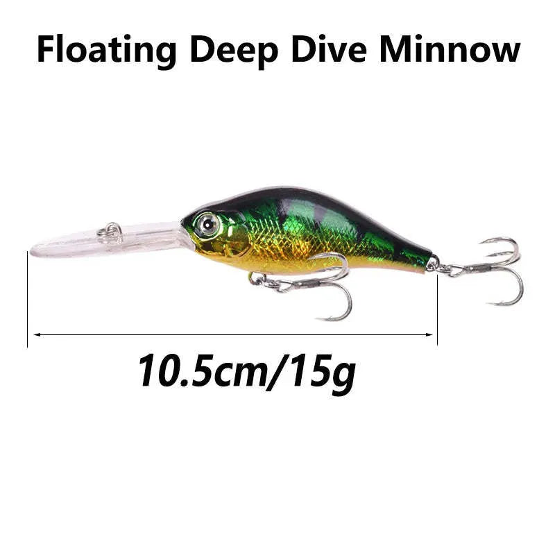 10.5cm long tongue board Mino fishing lure in colour option A, shown alongside other colour variants B through E.