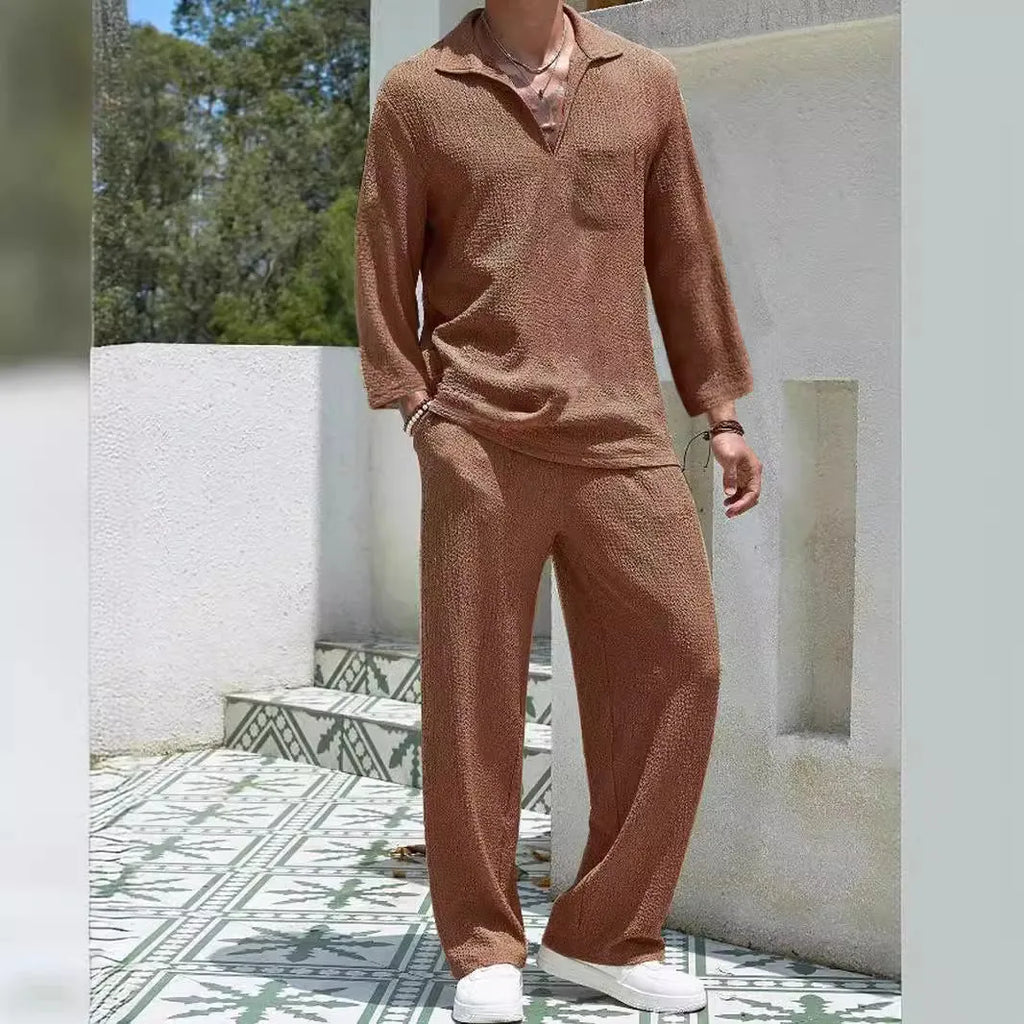 Men's casual polyester suit set with shirt jacket and trousers in four colour options