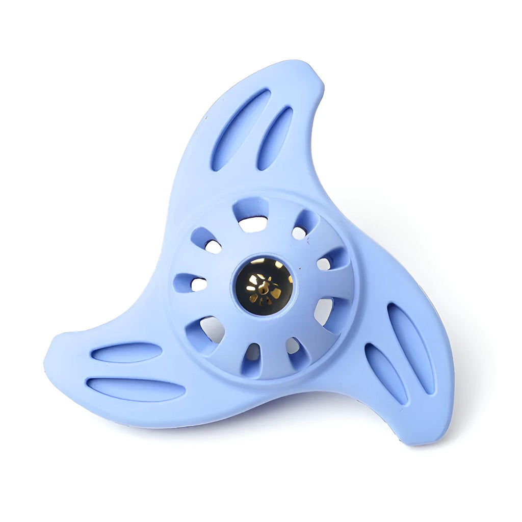 Blue TPU boomerang dog chew toy for medium and large breed dogs with textured molar cleaning surfaces