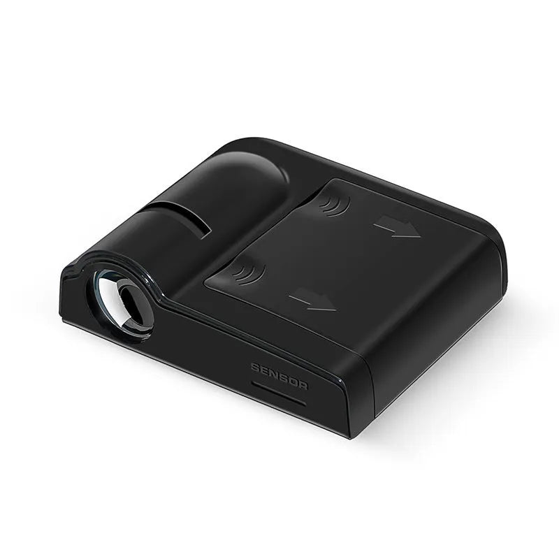 Black and beige universal car decorative projection radium lamp with compact ABS plastic casing.