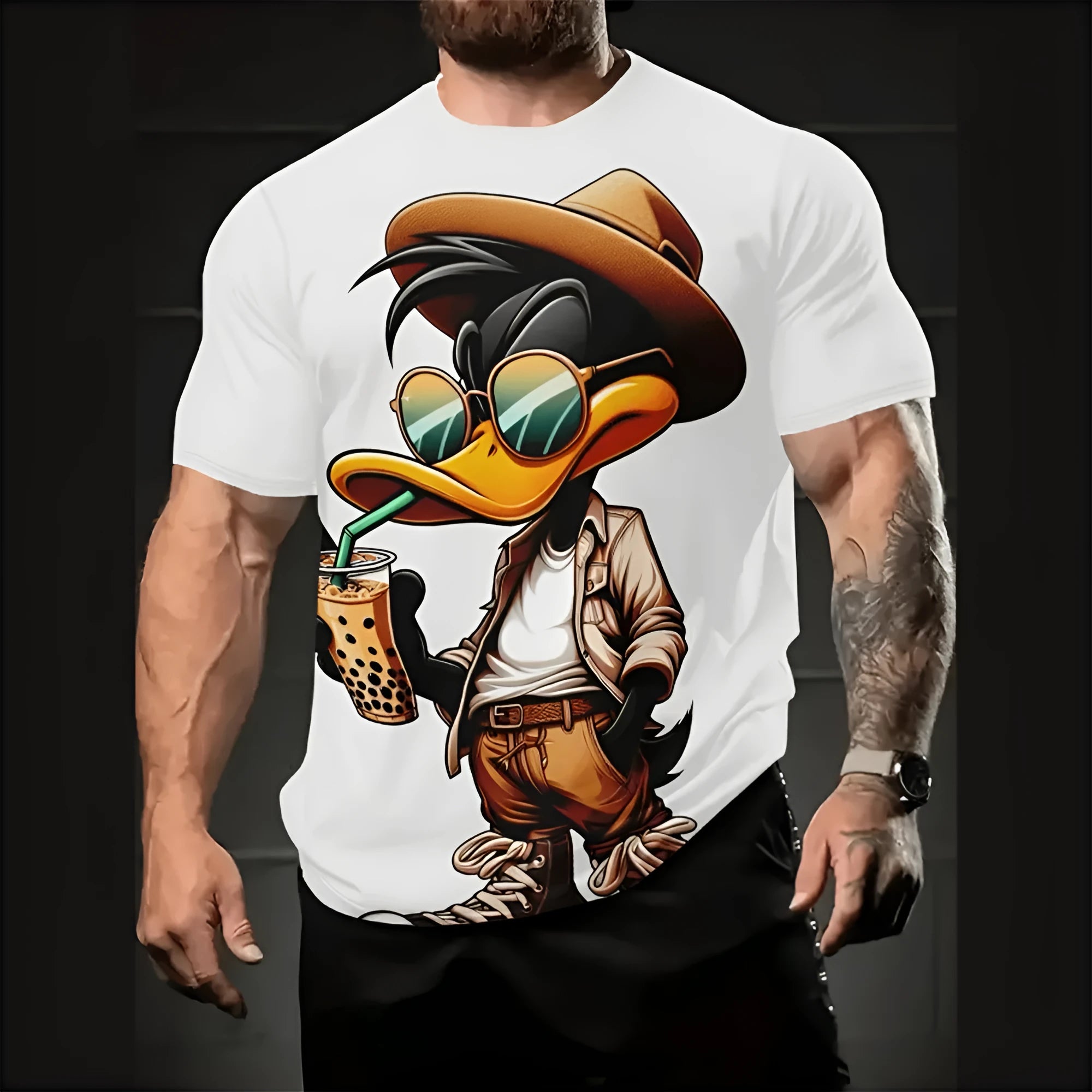 Men's loose fit cartoon 3D printed short sleeve t-shirt in milk silk fabric