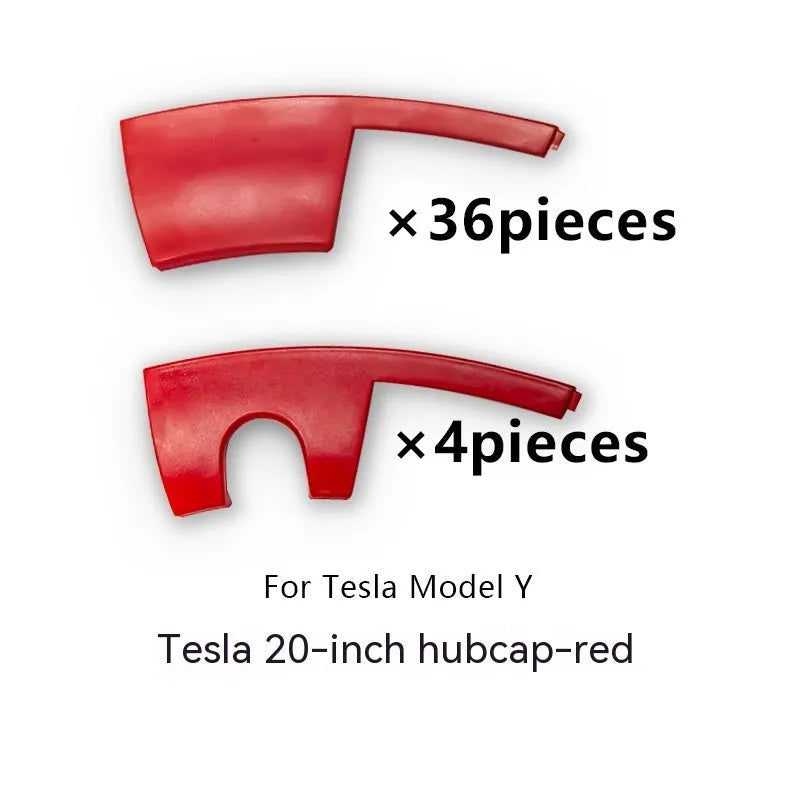 Set of four plastic wheel hub covers for a Tesla Model Y in a carbon fibre pattern finish.