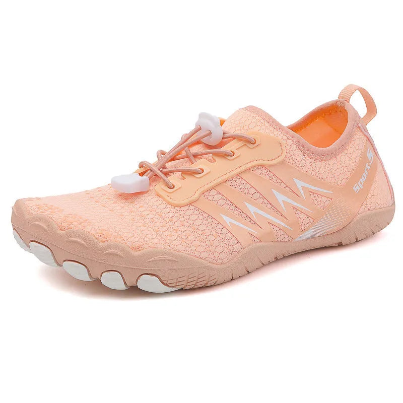 A pair of low-top river tracing shoes in a casual style with a mesh upper and rubber sole.