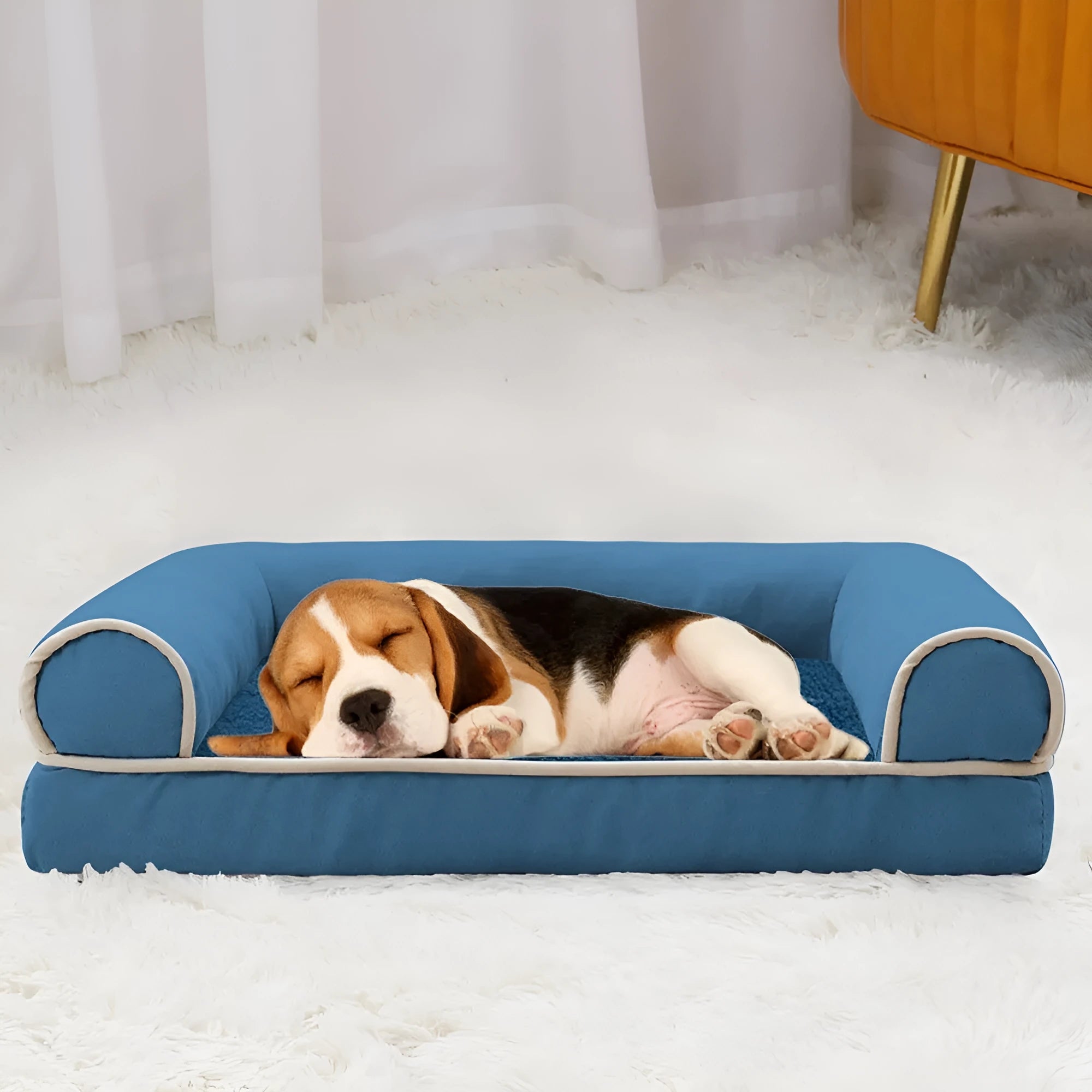 Square cloth dog bed with sponge foam padding in blue colour