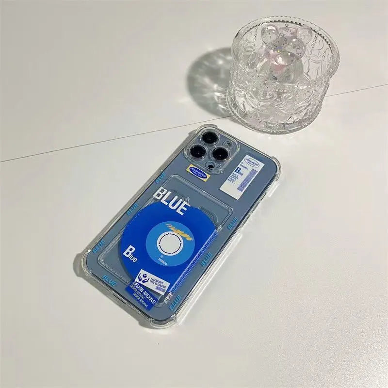 Klein Blue transparent card sleeve phone case for iPhone showing front and back with card slot