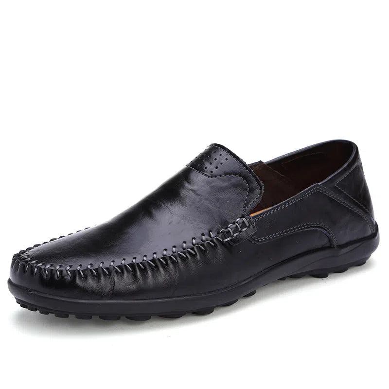 Men's casual leather shoes, genuine leather upper, round toe, slip-on style, black colour
