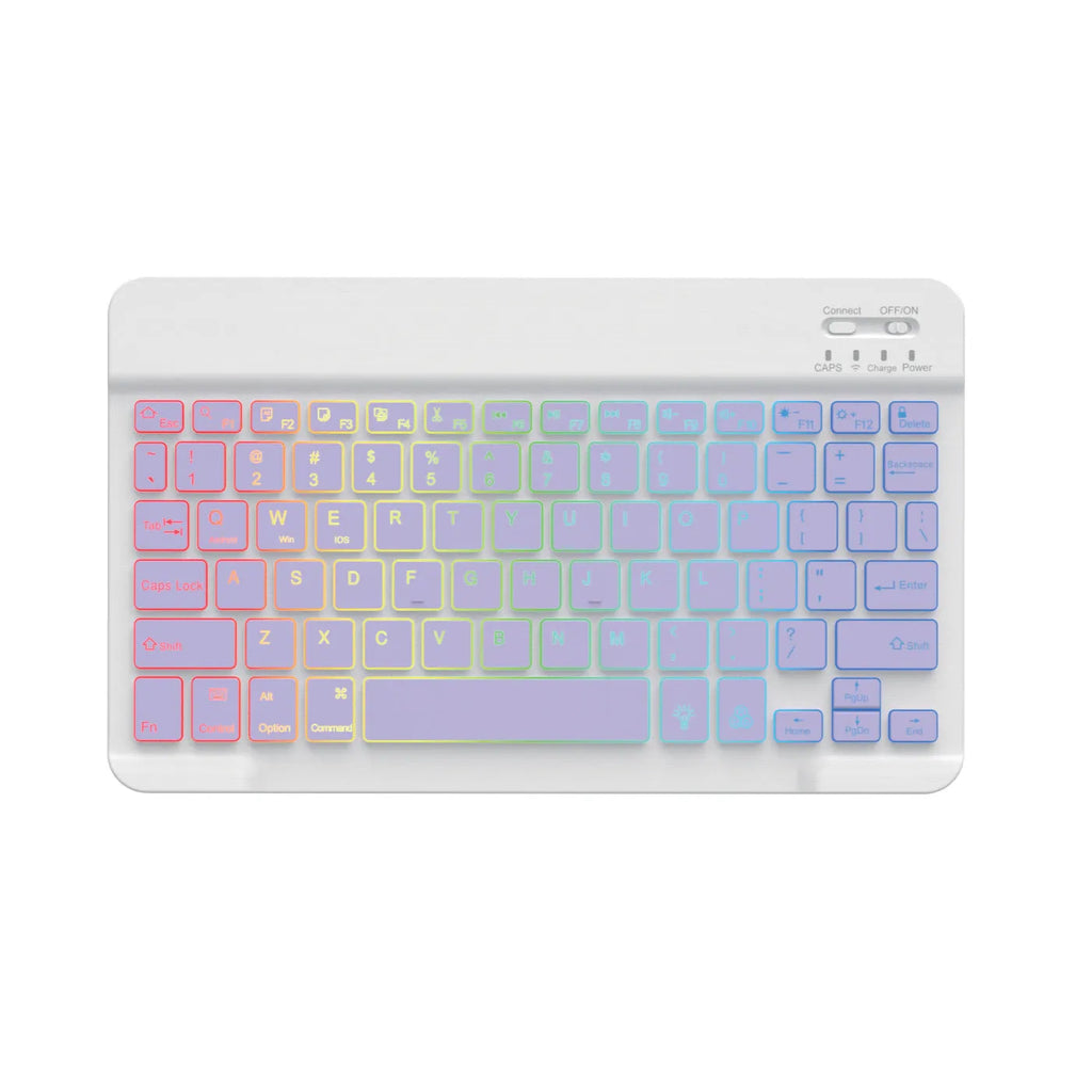 10-inch wireless Bluetooth keyboard with colourful backlighting for tablets, shown in black case.