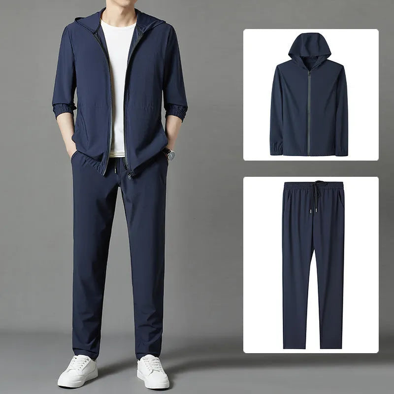 Korean-style loose grey sun-protective hooded suit with trousers for summer leisure wear