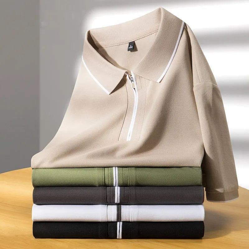 Men's slim fit business casual top with silk lapel in cotton blend fabric, short sleeve