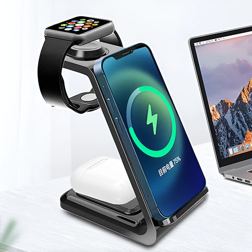 White upright 3-in-1 wireless charging stand holding a mobile phone in portrait orientation.