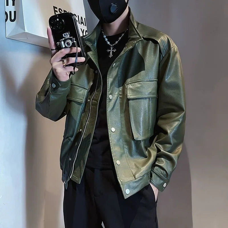 Men's Korean style black PU leather jacket with straight hem and side pockets