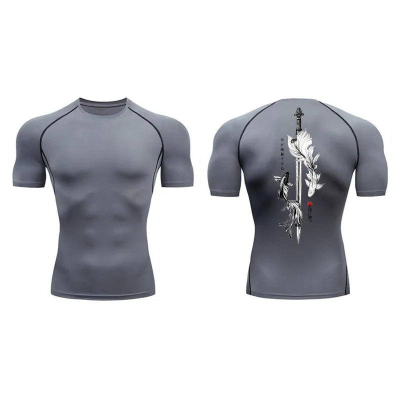 Men's short sleeve compression shirt with a sword print design on the chest.