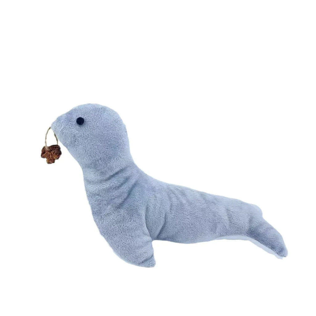 Blue sea lion plush cat toy with bell sound, catnip, and teeth grinding surfaces