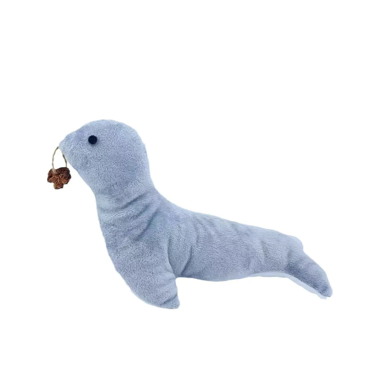 Blue sea lion plush cat toy with bell sound, catnip, and teeth grinding surfaces