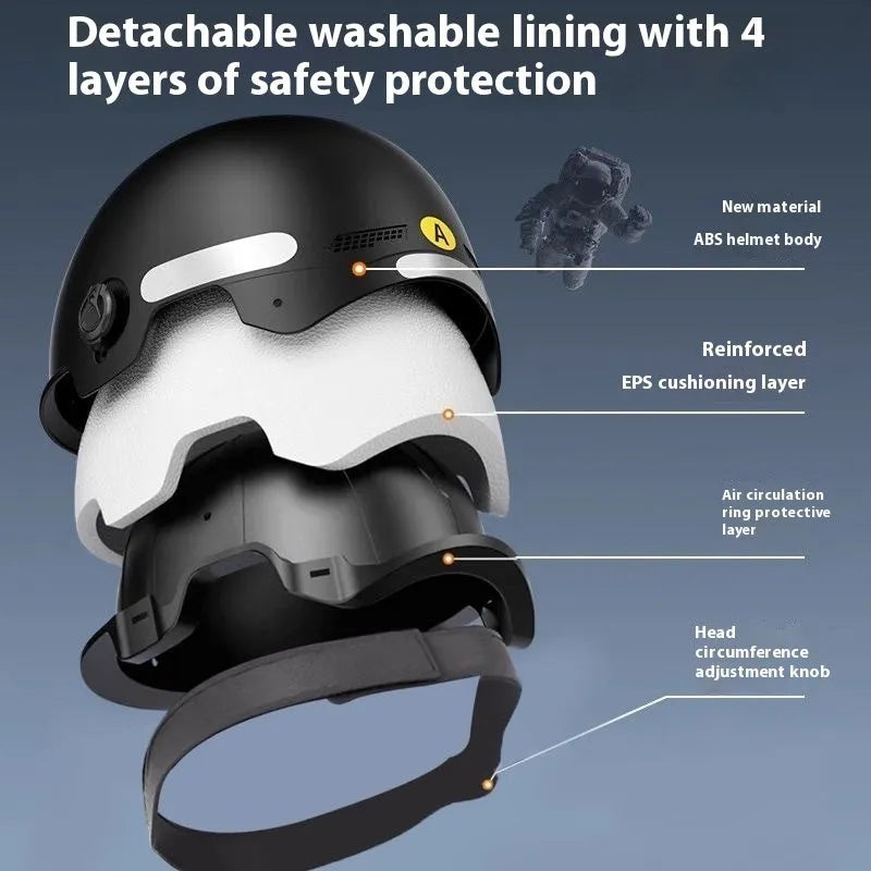 3C certified polypropylene motorcycle helmet for electric bikes with sun protection, shown in multiple colours.