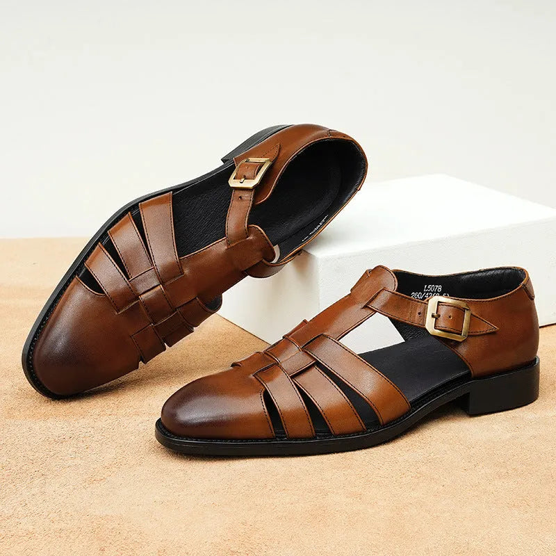 Men's black genuine leather retro sandals with pigskin lining for business casual summer wear