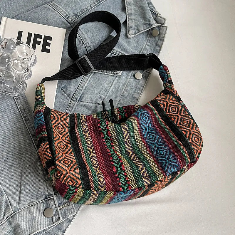 Women's ethnic style canvas crossbody dumpling bag with three-dimensional pockets in five colour options