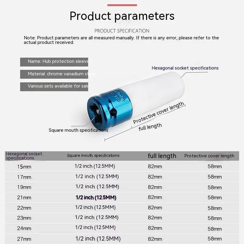 Four impact sockets in sizes 17mm 19mm 21mm 22mm for pneumatic wrenches
