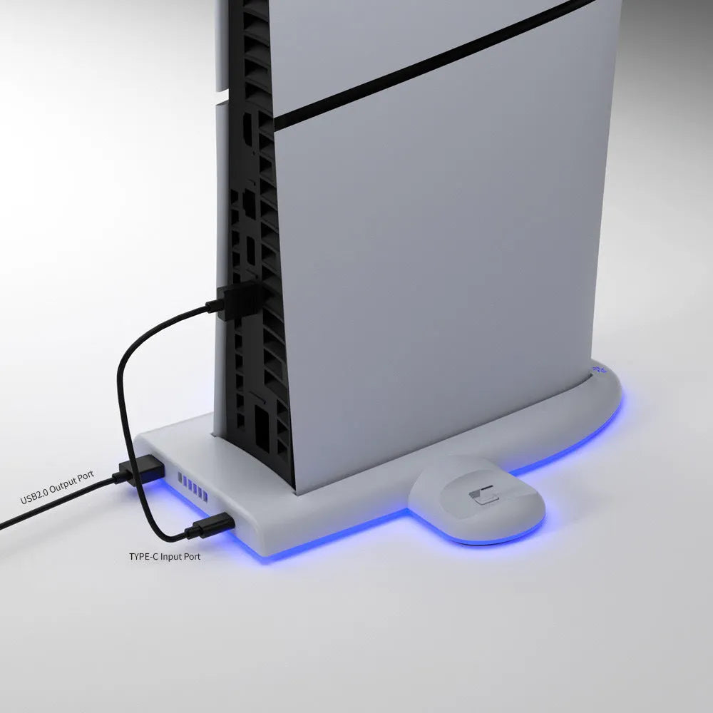 White PS5 Slim cooling and charging dock with RGB ambient lights and integrated fan.