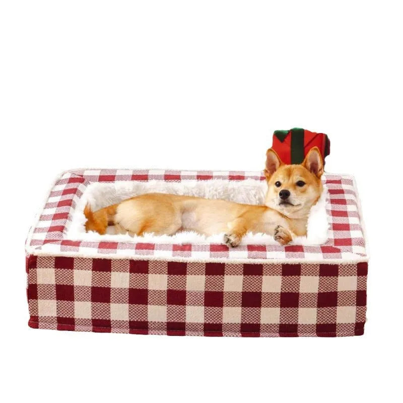 Classic plaid dog bed with removable washable cover in red, blue, black, or brown.