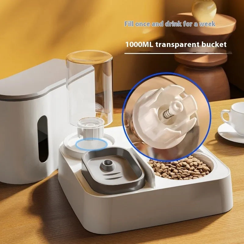 Cat automatic pet feeder water dispenser integrated double bowl station in grey colour