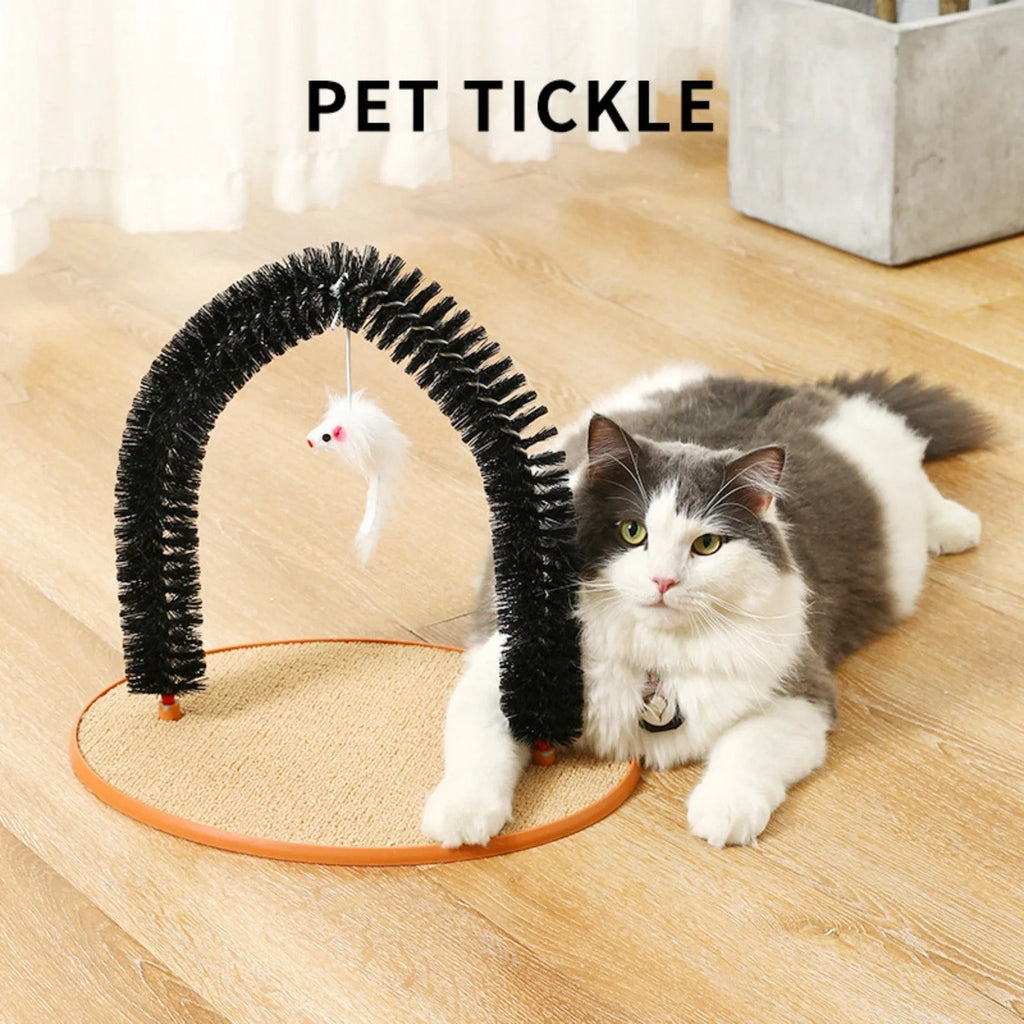 Black arch-shaped cat grooming brush with scratching surfaces and attached plush mouse toy on non-slip base