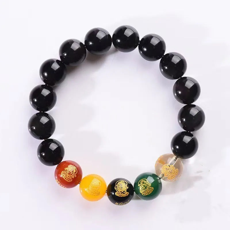 Single Circle Five Gods Of Wealth men's obsidian bracelet with rainbow eye and gold obsidian beads