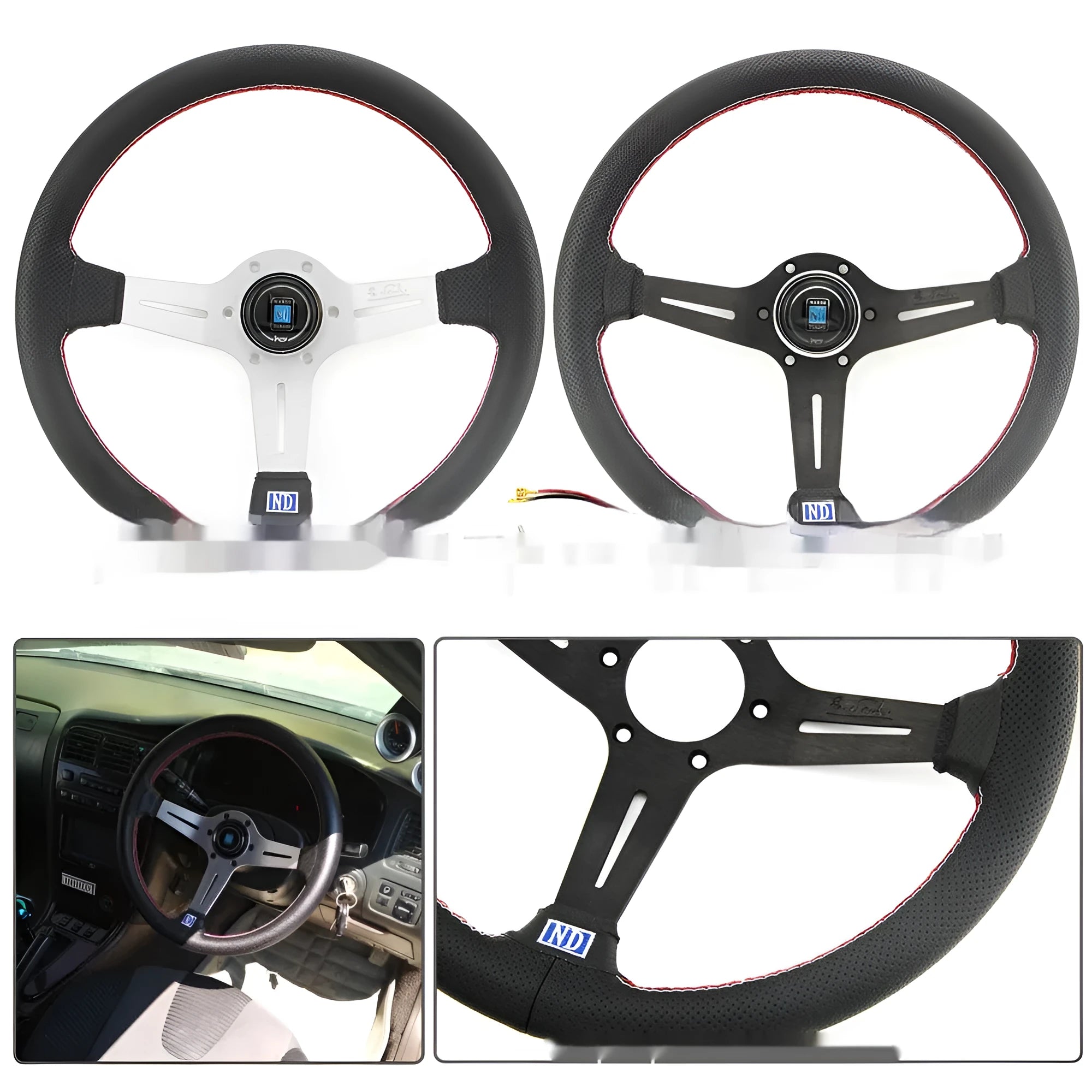 14-inch leather steering wheel with a concave rim and black metal skeleton spokes.