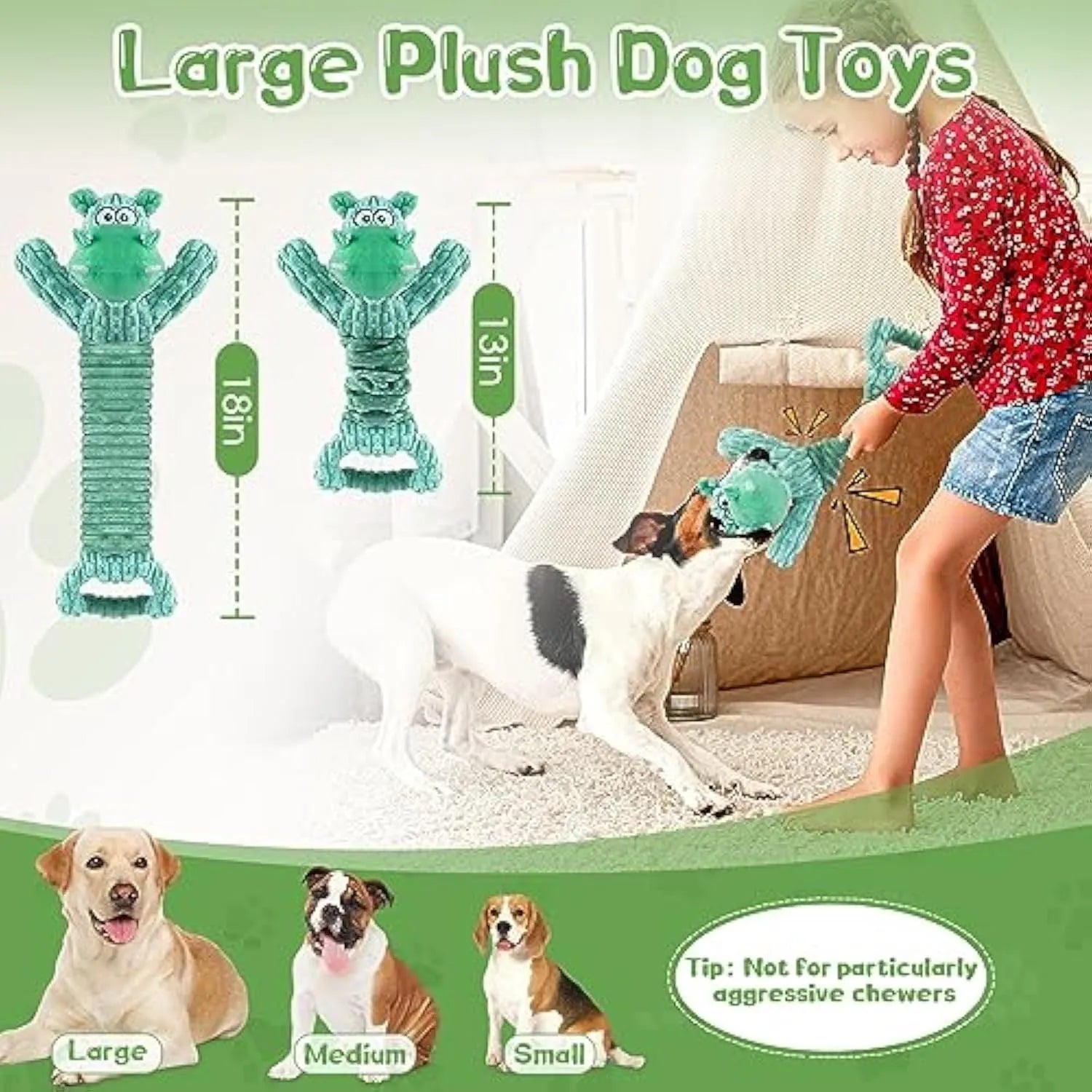Large plush squeaky dog toy with telescopic body and crinkle paper handle for tug of war play
