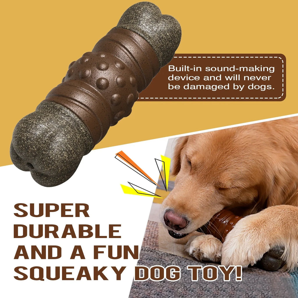 Wood colour plastic bone-shaped dog toy with a textured surface for molar cleaning.