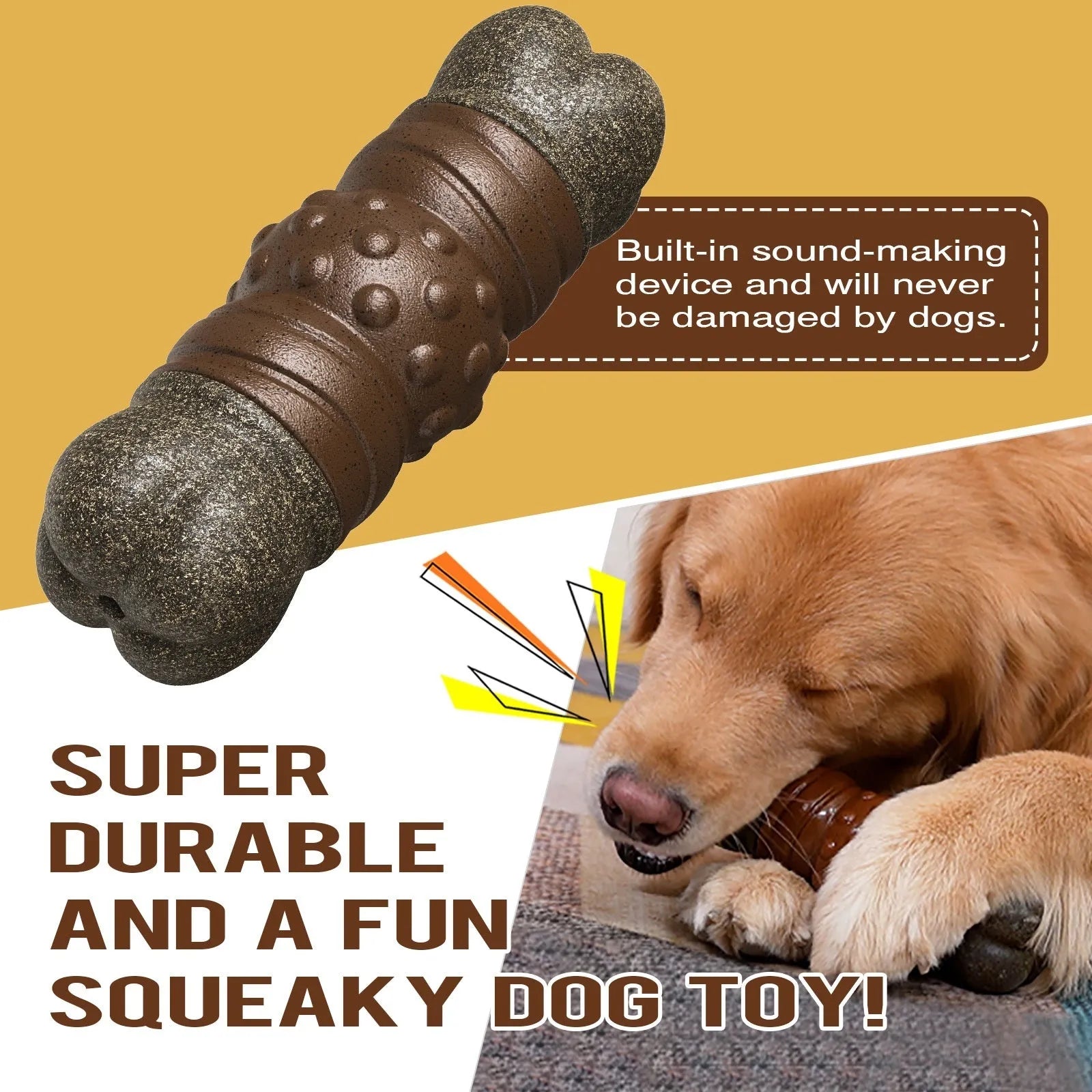 Wood colour plastic bone-shaped dog toy with a textured surface for molar cleaning.