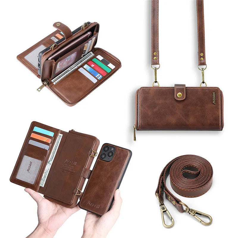 Detachable wallet phone case with magnetic leather flip cover shown in black blue brown red colours