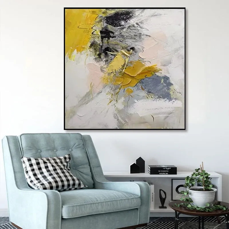 Hand painted acrylic gold abstract oil painting on square canvas for living room decor, no frame, 100cm x 100cm size