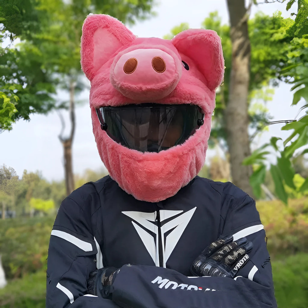 Pink cartoon plush motorcycle helmet protective hood made of PV velvet cloth.