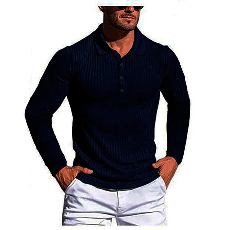 Man wearing a striped, loose-fit, short sleeve t-shirt in a high elastic knit fabric.