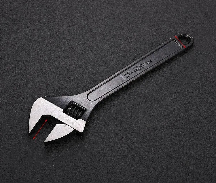 A black high carbon steel adjustable wrench on a white background, showing its open jaws and knurled adjustment screw.