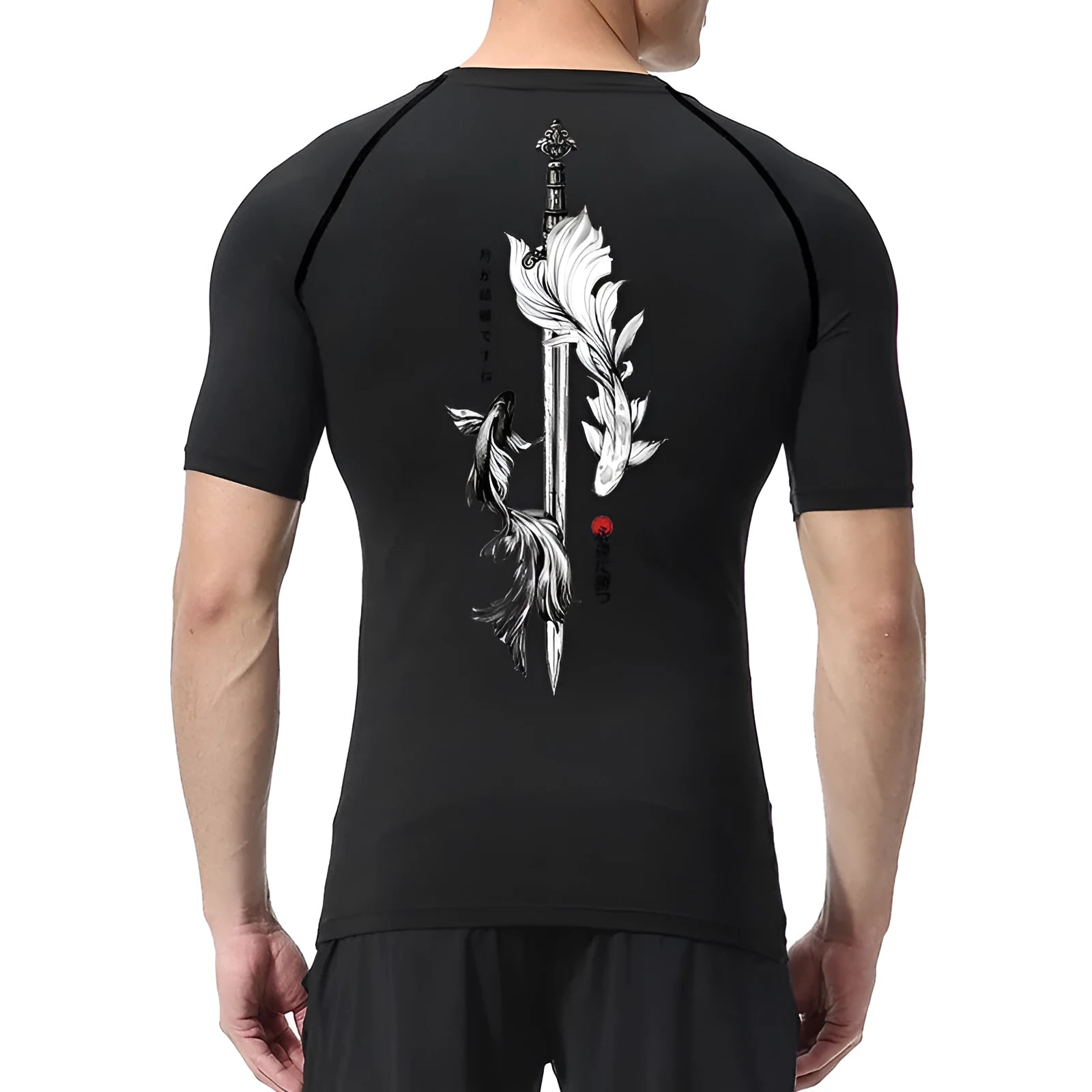 Men's short sleeve compression shirt with a sword print design on the chest.