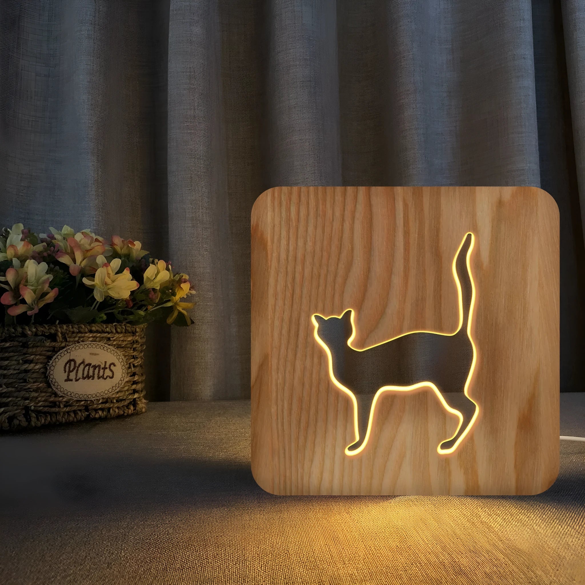 Solid wood cat 3D night light with hollow silhouette, USB power cord, pastoral design style