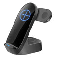 Black grey foldable 3-in-1 wireless charger stand for phone, watch, and earbuds.