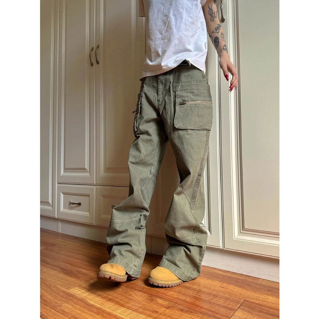 Green and black cotton casual workwear pants with double zipper front closure and multiple pockets